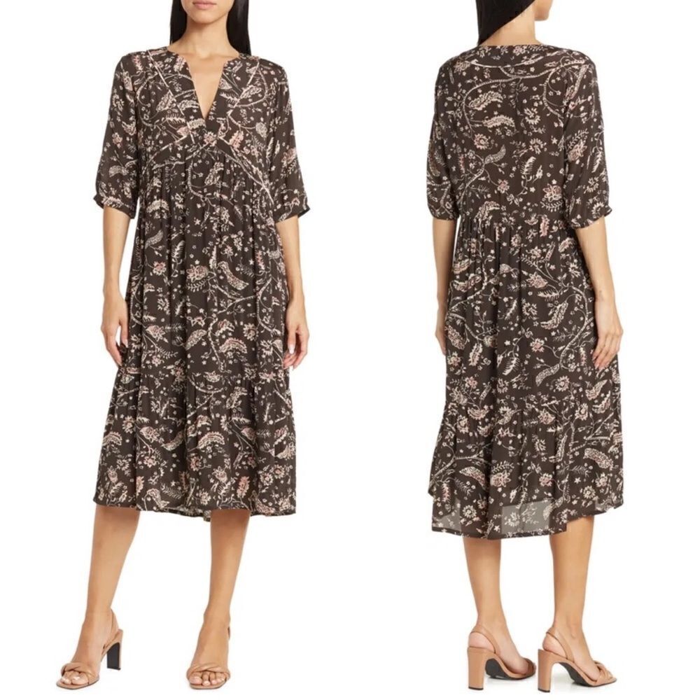 NEW ba&sh Cherry Printed Midi Dress Carbone Size Medium